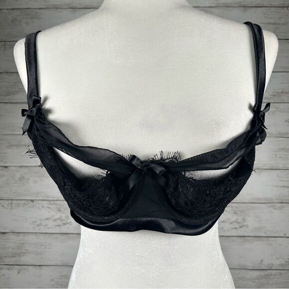 Cacique Quarter Balconette Peek A Boo Cup Lace Underwire Black Bra 36D - Picture 1 of 8